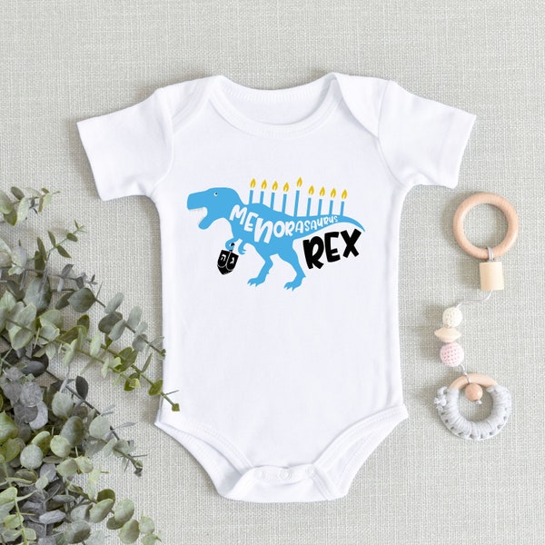 Funny Hanukkah Onesies® Bodysuit - Menosaurus Rex Dinosaur baby bodysuit - Chanukkah Holiday Shirt - Jewish Holiday Gift Kid boy or girl