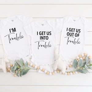 Triplets Baby Onesies® Bodysuit - Triple Trouble Bodysuit - Triplets Pregnancy Reveal - Baby Shower Gift for Triplets - Funny triplets shirt