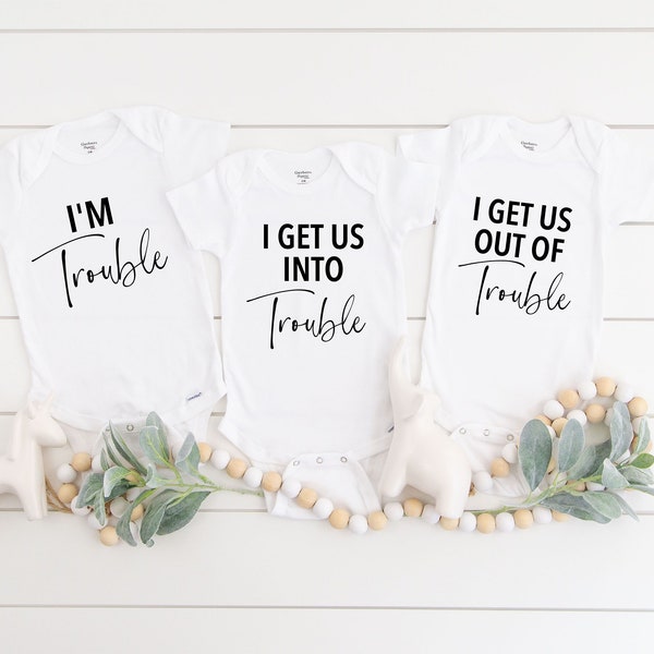 Triplets Baby Onesies® Bodysuit - Triple Trouble Bodysuit - Triplets Pregnancy Reveal - Baby Shower Gift for Triplets - Funny triplets shirt