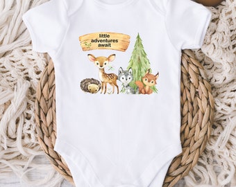 Little Adventures Await Baby Onesies® Bodysuit - Adventure Baby Bodysuit - Outdoor Lover Pregnancy Reveal - Woodland Animals Bodysuit