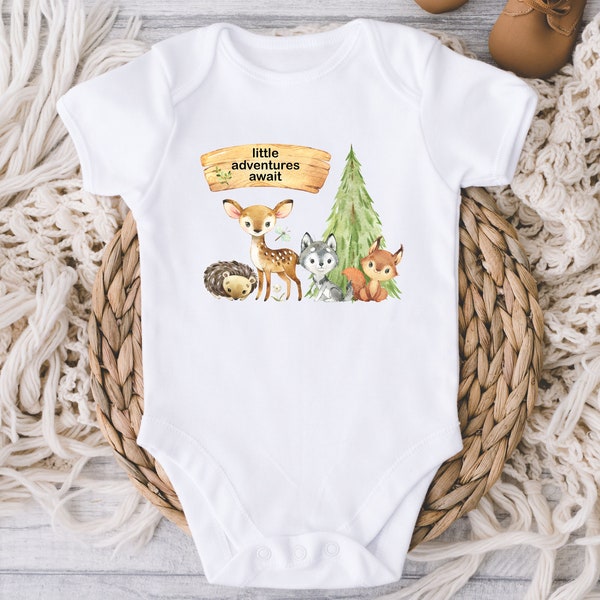 Little Adventures Await Baby Onesies® Bodysuit - Adventure Baby Bodysuit - Outdoor Lover Pregnancy Reveal - Woodland Animals Bodysuit