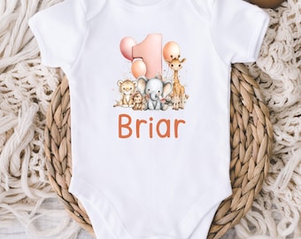 First Birthday Safari Baby ONESIE® Bodysuit - Personalized Baby Girl One Birthday Shirt - Baby's 1st Birthday - Zoo Birthday - Cake Smash