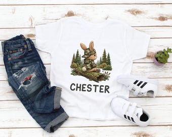Boys Camo Bunny Easter Shirt - Personalized Name Easter Toddler Boy - Cute Easter Boy - Boy Hunting Shirt - Custom Name - Camo Boys Shirt