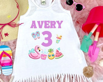 Birthday Pool Party Fringe Dress - Personalized Name Bathing Suit Coverup - Swimsuit Cover - 3rd Birthday - 3 year old girl - Three