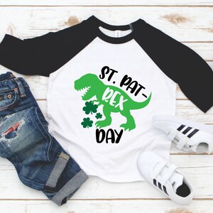 Boy St. Patrick&#39;s Day Shirt - Dinosaur St Pat Rex Day Kids Raglan - Lucky Dinosaur St Patricks Day Tee - Toddler Boy St Patricks Day Raglan
