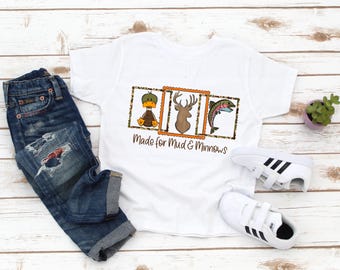Hunting and Fishing Kids Shirt - Made For Mud and Minnows Toddler Kids Tee - Funny Boys Shirt - Birthday Boy Gift - Hunting Fishing Lover