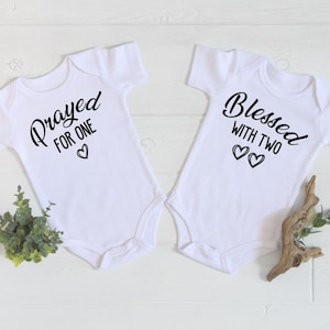 Twin Pregnancy Announcement Onesie® - Prayed For One Blessed With Two Twins Baby Announcement Bodysuit - Miracle Baby - IVF Baby