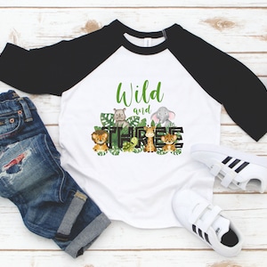 Wild and Three Third Birthday Shirt Toddler - 3 Birthday Boy Girl Jungle Animals Raglan - 3 Year Old Birthday - Unisex Birthday Shirt