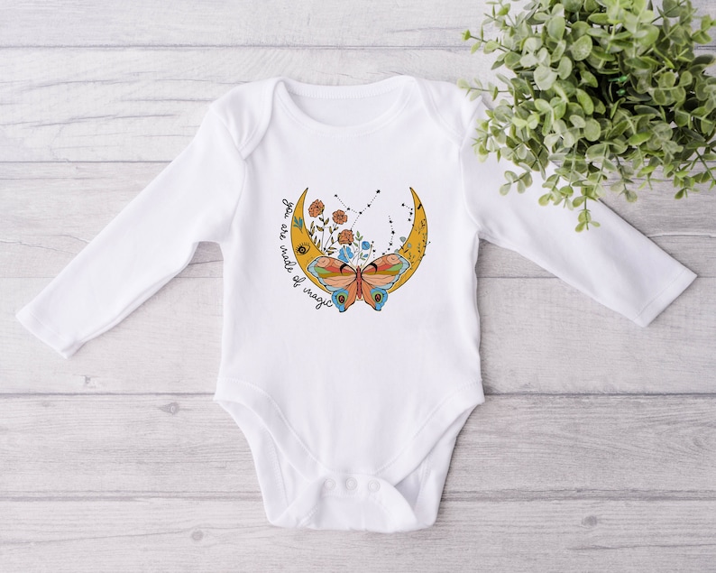 You Are Made Of Magic Baby Onesies® Bodysuit Retro Wildflower Butterfly Moon Celestial Hippie Bodysuit Boho Baby Girl Baby Shower Gift image 2