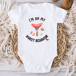 I'm On My Wurst Behavior Onesies® Bodysuit - German Foodie Baby Bodysuit - German Oktoberfest Baby Shower Gift - Funny Baby - Food Pun