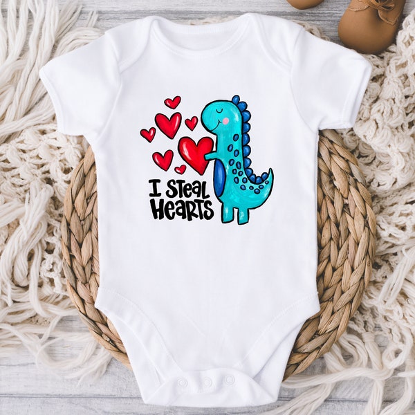 I Steal Hearts Dino Valentines Day Baby Onesies® Bodysuit - Dinosaur Hearts Boy Bodysuit - Baby Boy - 1st Valentine baby boy - New Baby gift