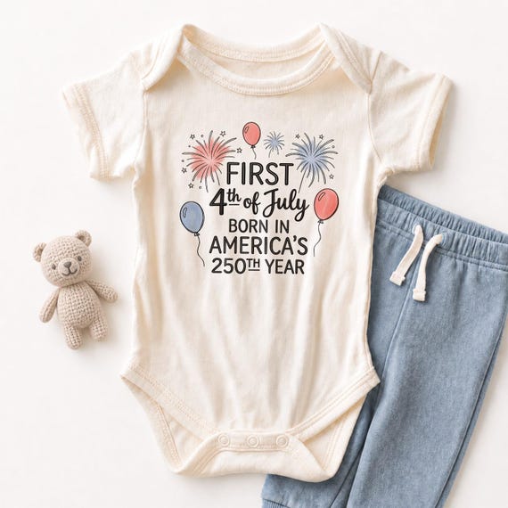 First 4th of July Born in America's 250th Year Baby Onesie - Cute Independence Day Bodysuit