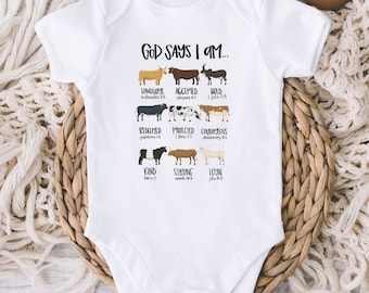 God Says I Am Cows Baby Onesies® Bodysuit - Bible Verse Bodysuit - Farm - Cowboy - Religious - Baptism Gift - Christian Baby - New Baby Boy