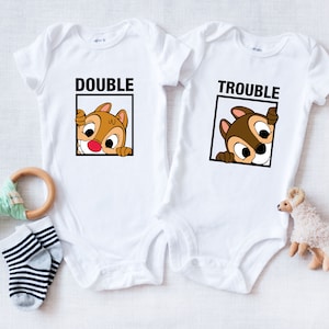 Twins Baby Onesies® Bodysuit - Double Trouble Chipmunk Bodysuit - Twins Pregnancy Reveal - Baby Shower Gift for Twins - Funny Matching Twins