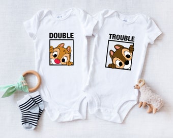 Twins Baby Onesies® Bodysuit - Double Trouble Chipmunk Bodysuit - Twins Pregnancy Reveal - Baby Shower Gift for Twins - Funny Matching Twins