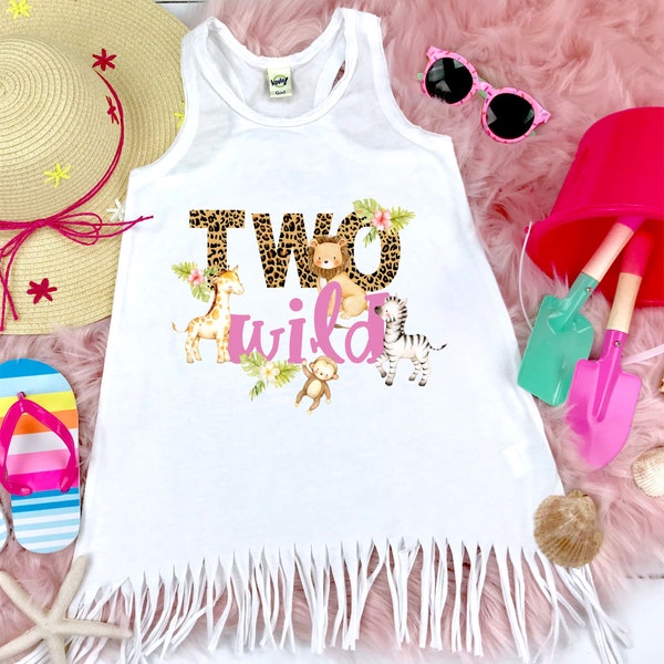 Two Wild Safari Animals Birthday Fringe Dress - Toddler Girl Second Birthday Jungle Animals - 2 Year old Girl - Two Birthday Outfit