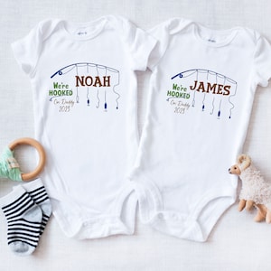 Father&#39;s Day Twins Baby ONESIES® Brand Bodysuit - Our 1st Fathers Day We&#39;re Hooked On Daddy Fishing Personalized Name Bodysuit -New Dad Gift