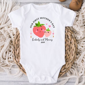 Our First Mother's Day Baby Onesies® Bodysuit - Personalized Name Mother's Day Strawberry Mom baby Onesie® - First Mommy Day - Gift For Mom