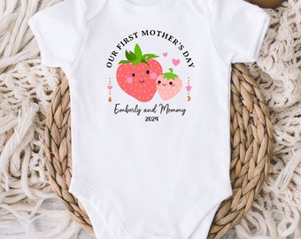 Our First Mother's Day Baby Onesies® Bodysuit - Personalized Name Mother's Day Strawberry Mom baby Onesie® - First Mommy Day - Gift For Mom