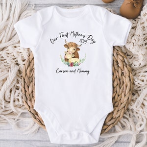 Our First Mother's Day Baby Onesies® Bodysuit - Personalized Name Mother's Day Highland Cow Mom baby Onesie® - First Mommy Day - Mom Gift