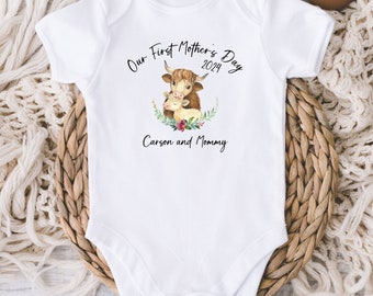 Our First Mother's Day Baby Onesies® Bodysuit - Personalized Name Mother's Day Highland Cow Mom baby Onesie® - First Mommy Day - Mom Gift