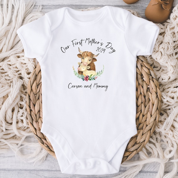 Our First Mother's Day Baby Onesies® Bodysuit - Personalized Name Mother's Day Highland Cow Mom baby Onesie® - First Mommy Day - Mom Gift