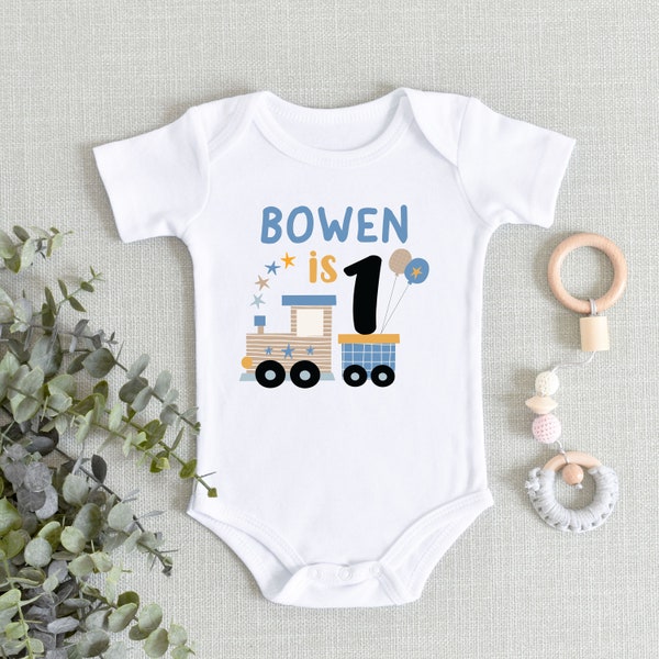 Boy First Birthday Train Onesies® Bodysuit - Name 1st Birthday Bodysuit - Boy Choo Choo 1st Birthday Outfit - 1 year old Boy - Personalized