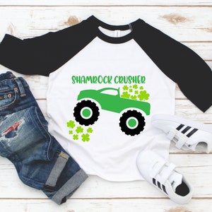 Shamrock Crusher Monster Truck Boy St. Patrick&#39;s Day Shirt - Toddler Boy St. Patricks Tshirt - Lucky Clover Kids Tee