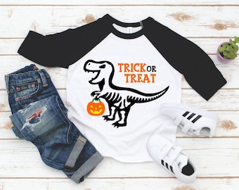 Boys Halloween Shirt - Toddler Dinosaur Halloween Tshirt - Trick or Treat Dino Raglan - Kids Happy Halloween Shirt - Boys Halloween Tee