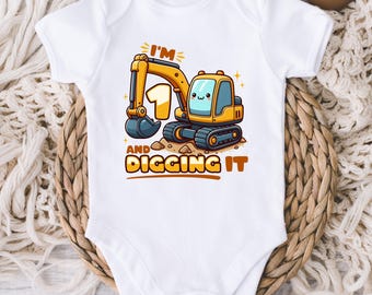 First Birthday Baby Boy ONESIES® - Construction Excavator One Birthday Bodysuit - Birthday Boy - Baby Boy 1st Birthday - Cake Smash Shirt