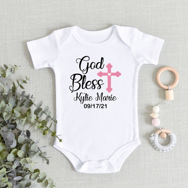 Christening God Bless Baby Name Onesies® Bodysuit - Baptism Gift Baby Bodysuit - Religious Keepsake Baby Girl Christening Outfit