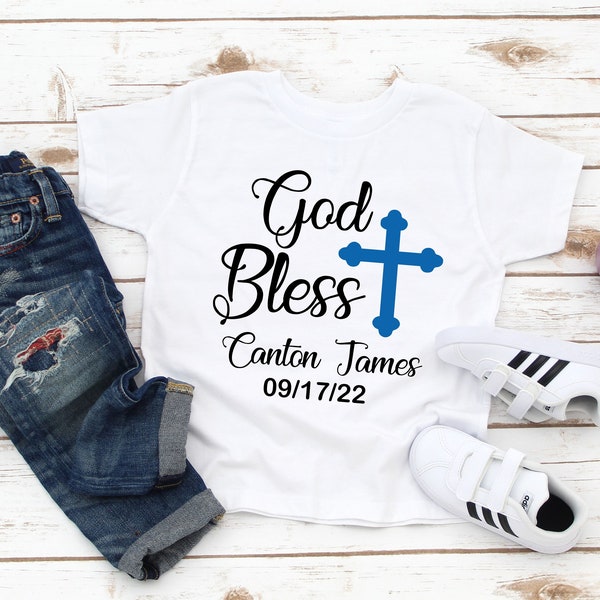 God Bless Boy Name Shirt - Christening or Baptism Gift Toddler Boy - Religious Keepsake Tee - Baby Boy