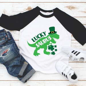 Boy St. Patrick&#39;s Day Shirt - Dinosaur Luckysaurus Kids Raglan - Lucky Dinosaur St Patricks Day Tee - Toddler Boy St Patricks Day Raglan