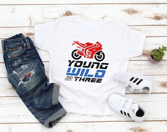 Young Wild and Three Third Birthday Shirt - Three Motorcycle Birthday Boy Tee - 3 Year Old Boy - Grandson - Birthday Boy - Gift For Boy