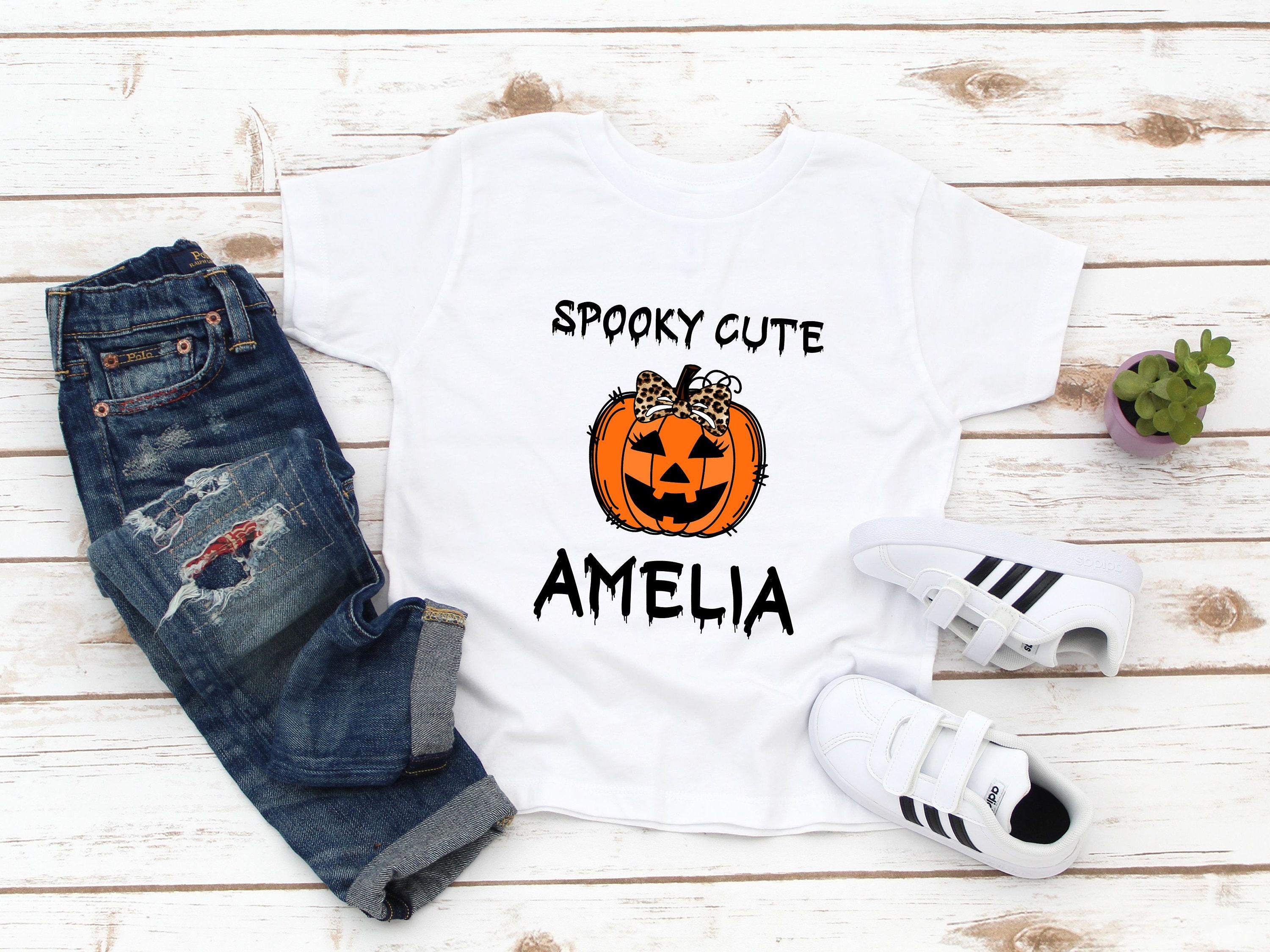 Spooky Cute Girls Halloween Shirt - Personalized Name Halloween Pumpkin Kids Tee - Trick or Treat - Spooky Season - Gift for Girl