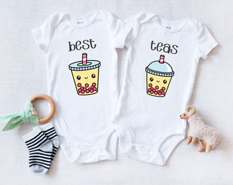 Twins Besties Baby Onesie® - Best Friends Twin Babies Bodysuit - Best Teas Funny Twins Onesie® - Funny Baby Shower Gift for Twins
