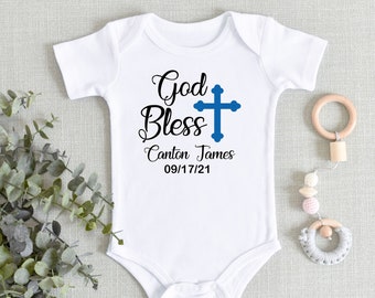 God Bless Baby Name Onesie® - Christening or Baptism Gift Baby Bodysuit - Religious Keepsake Onesie® Baby Boy