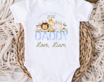 Our First Fathers Day Safari Animals Baby ONESIE® Bodysuit - Personalized Name Fathers Day Gift - Baby Boy 1st Fathers Day  - Custom Name