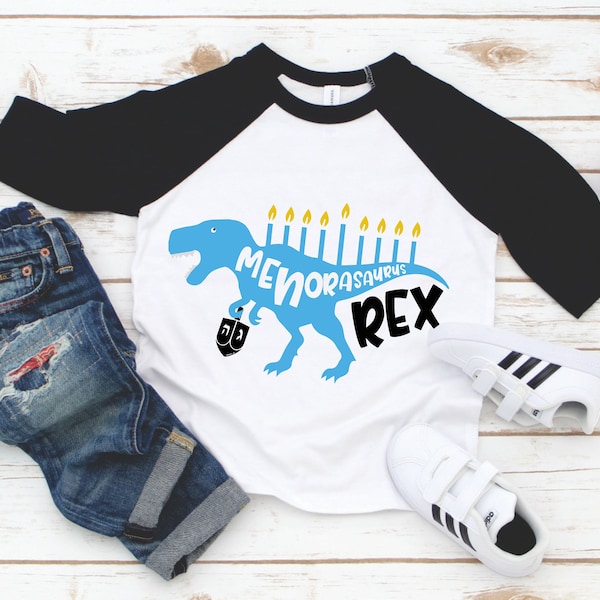 Happy Hanukkah Shirt - Menorosaurus Rex Dinosaur Kids Hannukah Tee - Festive Hannukah Holiday Top - Funny Menorah hanukah Shirt