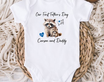 Our First Fathers Day Baby Onesies® Bodysuit Onesie® - Racoon Dad and Baby - Fathers Day Gift Personalized Name - Boy 1st Fathers Day -