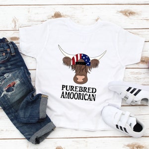 Fourth of July Toddler Shirt - Purebred Amoorican Kids Tee - Cute Highland Cow - 4th of July - Independence Day Shirt - Patriotic