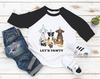 Let's Pawty Cats and Dogs Boy Girl Birthday Shirt - Birthday Raglan Toddler - Puppy kitty birthday tee - birthday present girl boy -