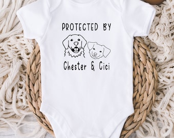 Protected By Dog Baby Onesies® Bodysuit - Custom Dog Breed Names Baby Bodysuit - Dog Sibling - Cute Best Friend Dog - Baby Shower Gift