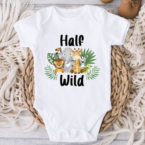 Half Way to One - Half Wild Safari Animals 6 Months Birthday Onesies® Bodysuit - 1/2 Birthday - 6 Month Old Baby - Half Birthday bodysuit