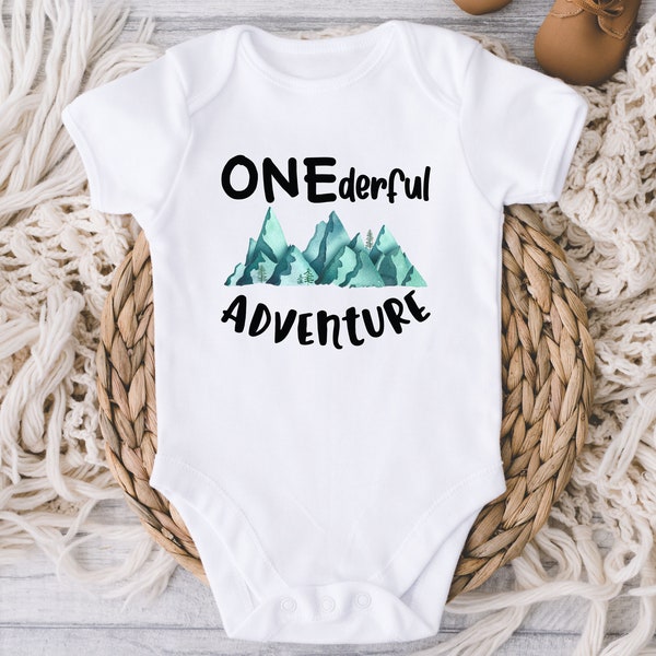 First Birthday Boy Onesies® Bodysuit - 1st Birthday Mountains Adventure Bodysuit - One Year Birthday - 1 year old boy - Baby Boy Birthday