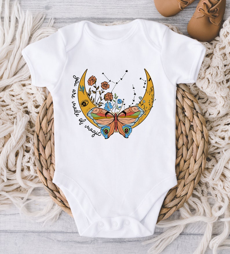 You Are Made Of Magic Baby Onesies® Bodysuit Retro Wildflower Butterfly Moon Celestial Hippie Bodysuit Boho Baby Girl Baby Shower Gift image 1