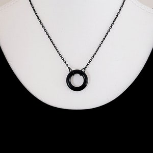 Black onyx ring pendant necklace with black stainless steel chain & extender, adjustable gemstone pendant necklace