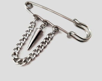Punk style lapel or brooch pin with spike charm & linking curb chain, stainless steel bag purse belt accessory