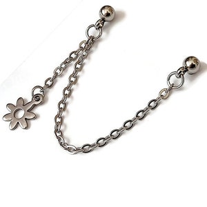 Double piercing stud earring with linking chain & flower charm, silver stainless steel earring for 2 piercings