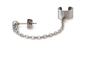 Cuff earring with linking chain & ball stud, stainless steel alternative earring, choose cuff design